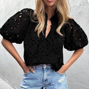 PRETTYGARDEN Black Blouse Lace Cutout